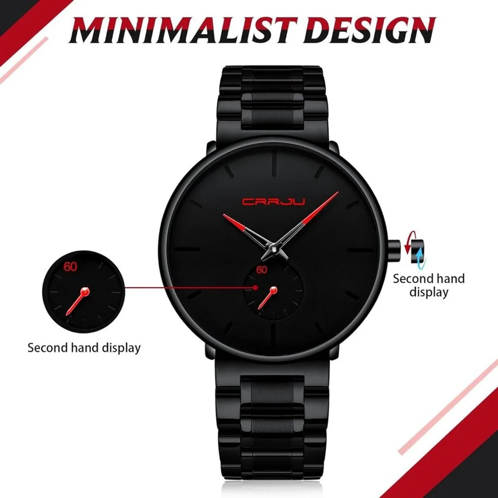 NWT Men Ultra‑Thin Black Minimalist Waterproof Stainless Steel Mesh Wrist Watch